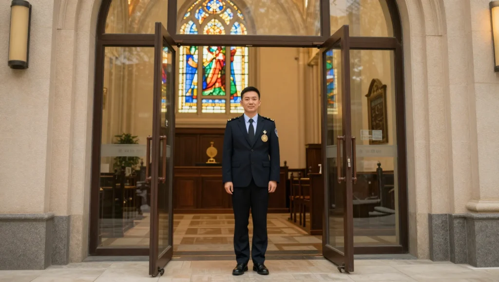 Church security officer providing protection at house of worship